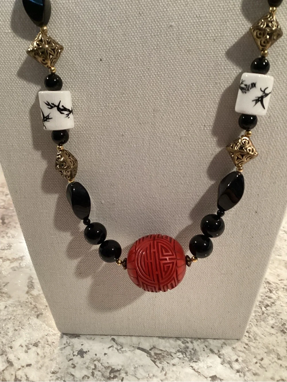 Black and Red Cinnabar and Ceramic Beaded Statement Necklace Oriental Design